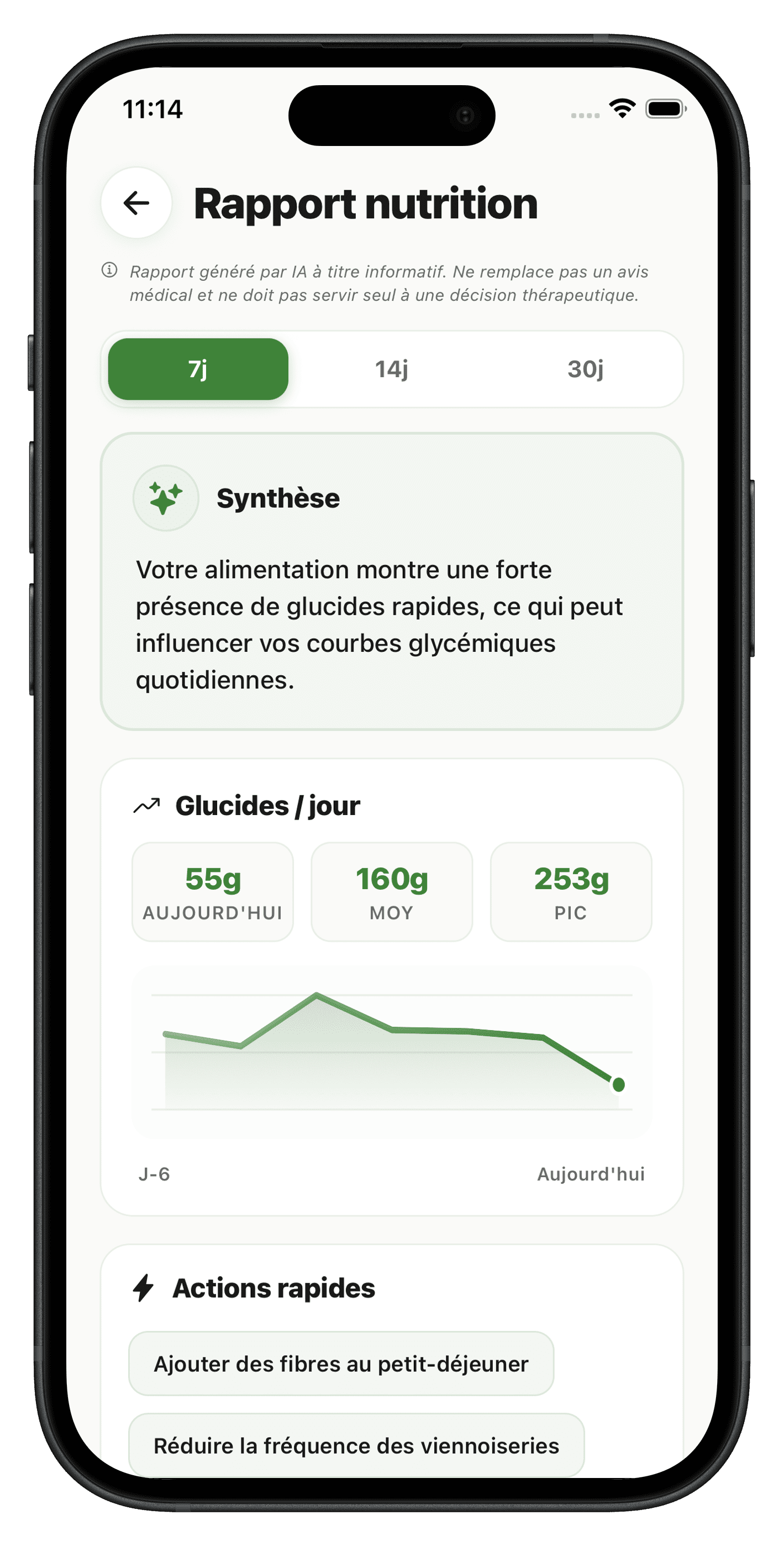 Rapport nutrition Lullo sur 7 jours - suivi glucides quotidiens, synthèse IA et actions rapides